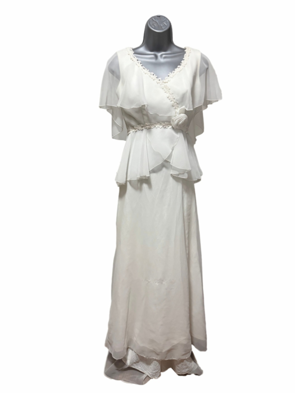 Vintage 1970s ILGWU Chiffon Wedding Dress, Flutter Cape, Lace Rosette, Small